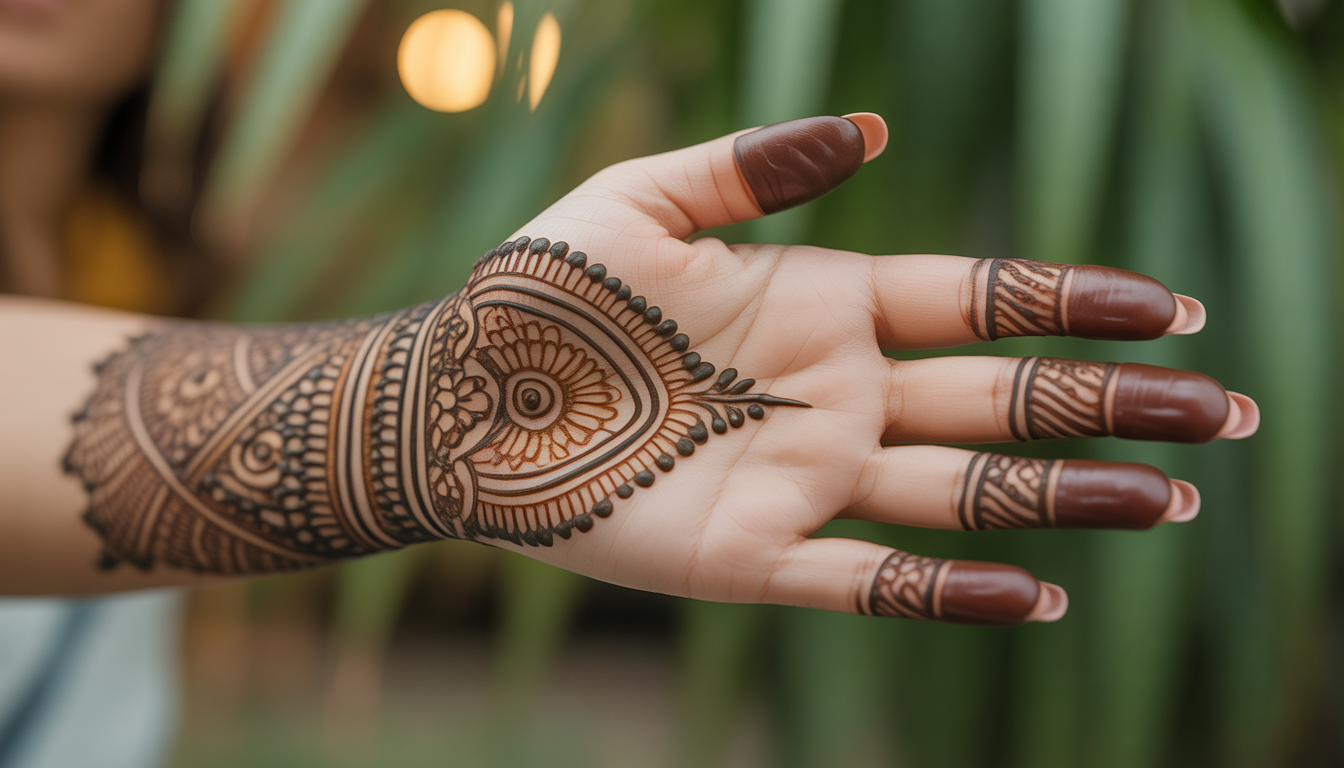 Hand decorated with intricate brown-orange henna patterns