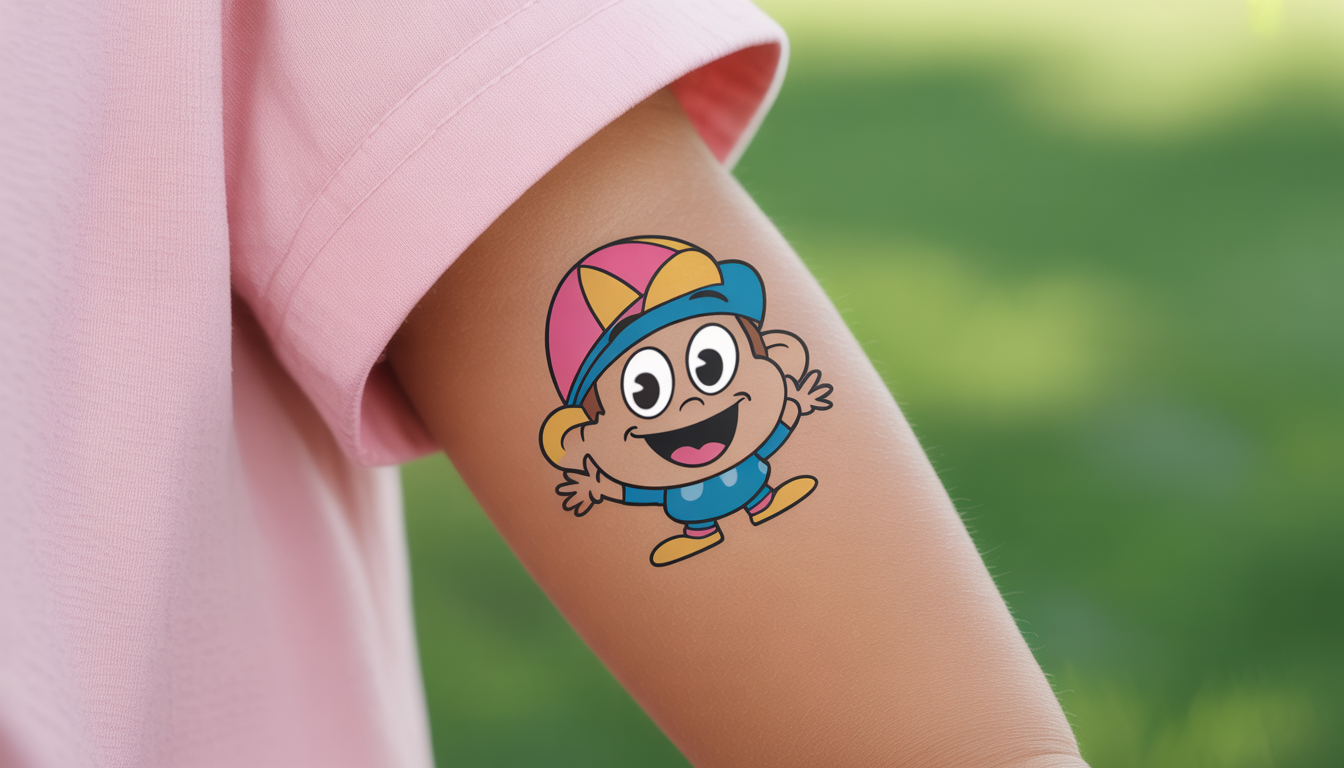 Photorealistic temporary tattoo of cartoon character on child’s forearm