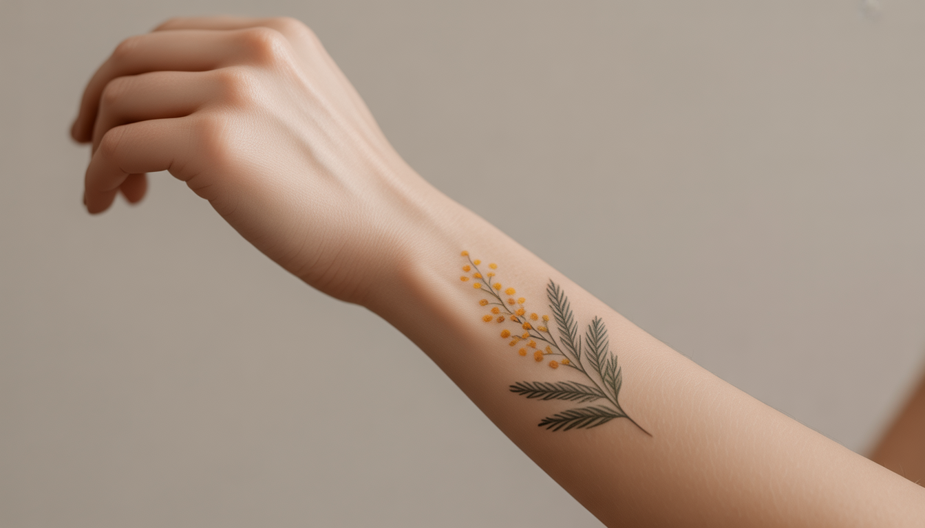 Main de femme avec tatouage mimosa semi-permanent sur l'avant-bras