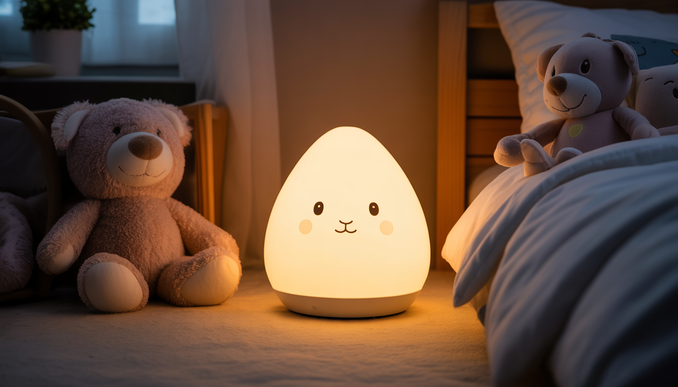 Veilleuse allumée dans une chambre d’enfant avec peluches et couvertures