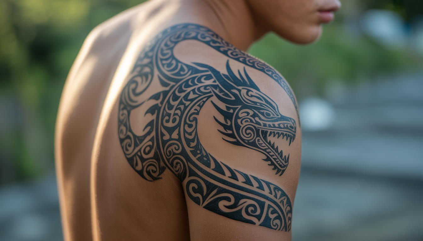 Tatouage temporaire Maori dragon sur l'épaule d'un jeune adulte, style photoréaliste avec motifs tribaux détaillés