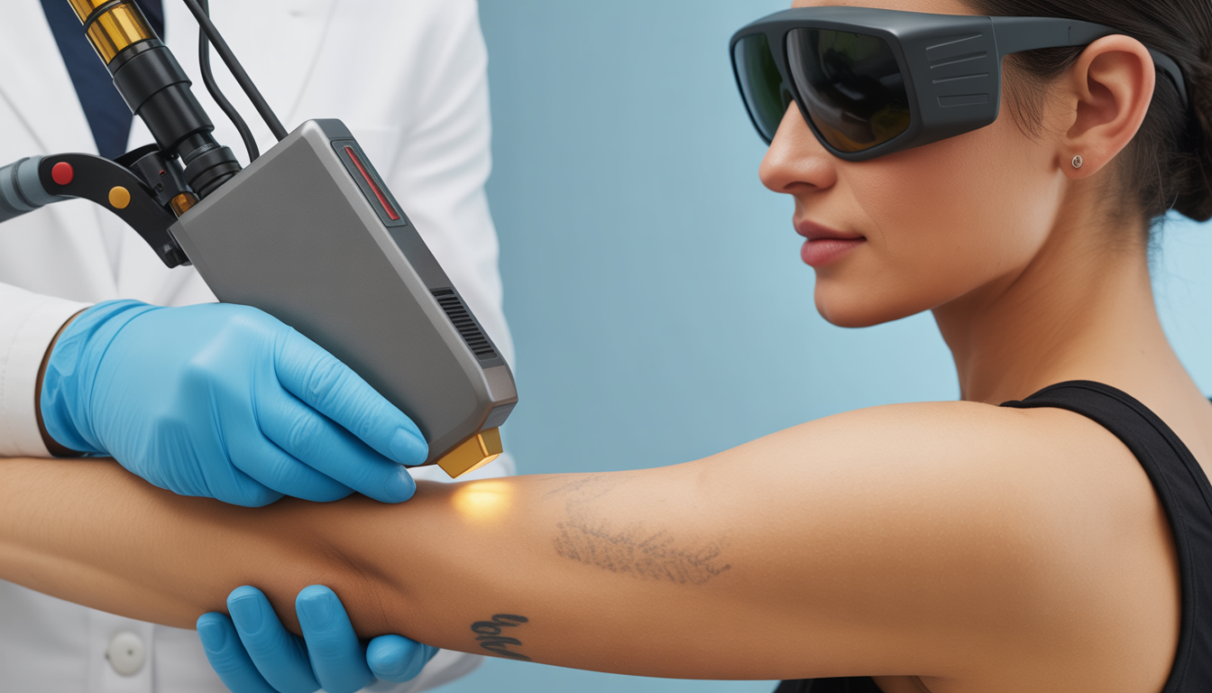 Person receiving laser tattoo removal on forearm in a clinical setting