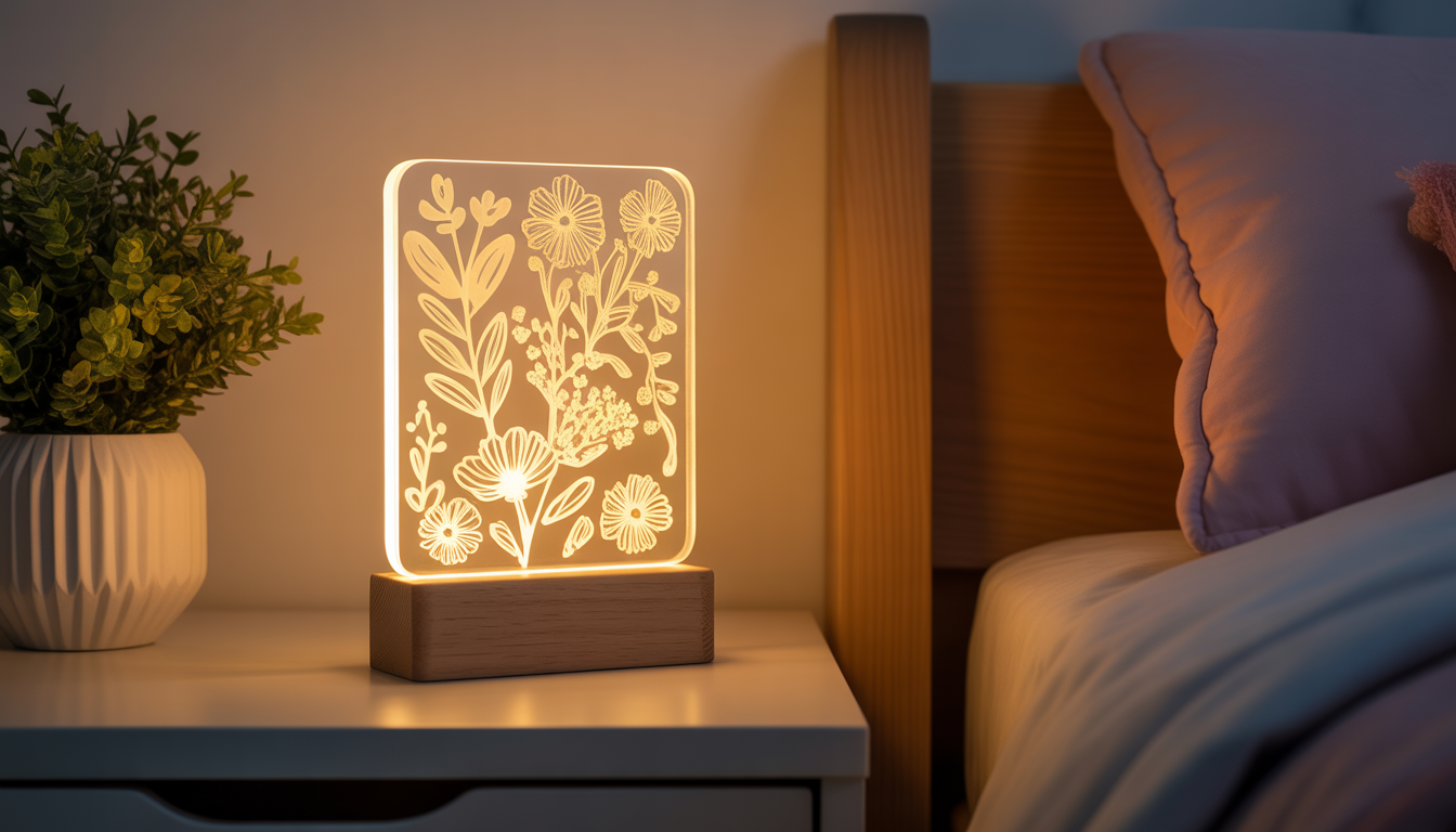 LED night light with wooden base and floral acrylic design on bedside table
