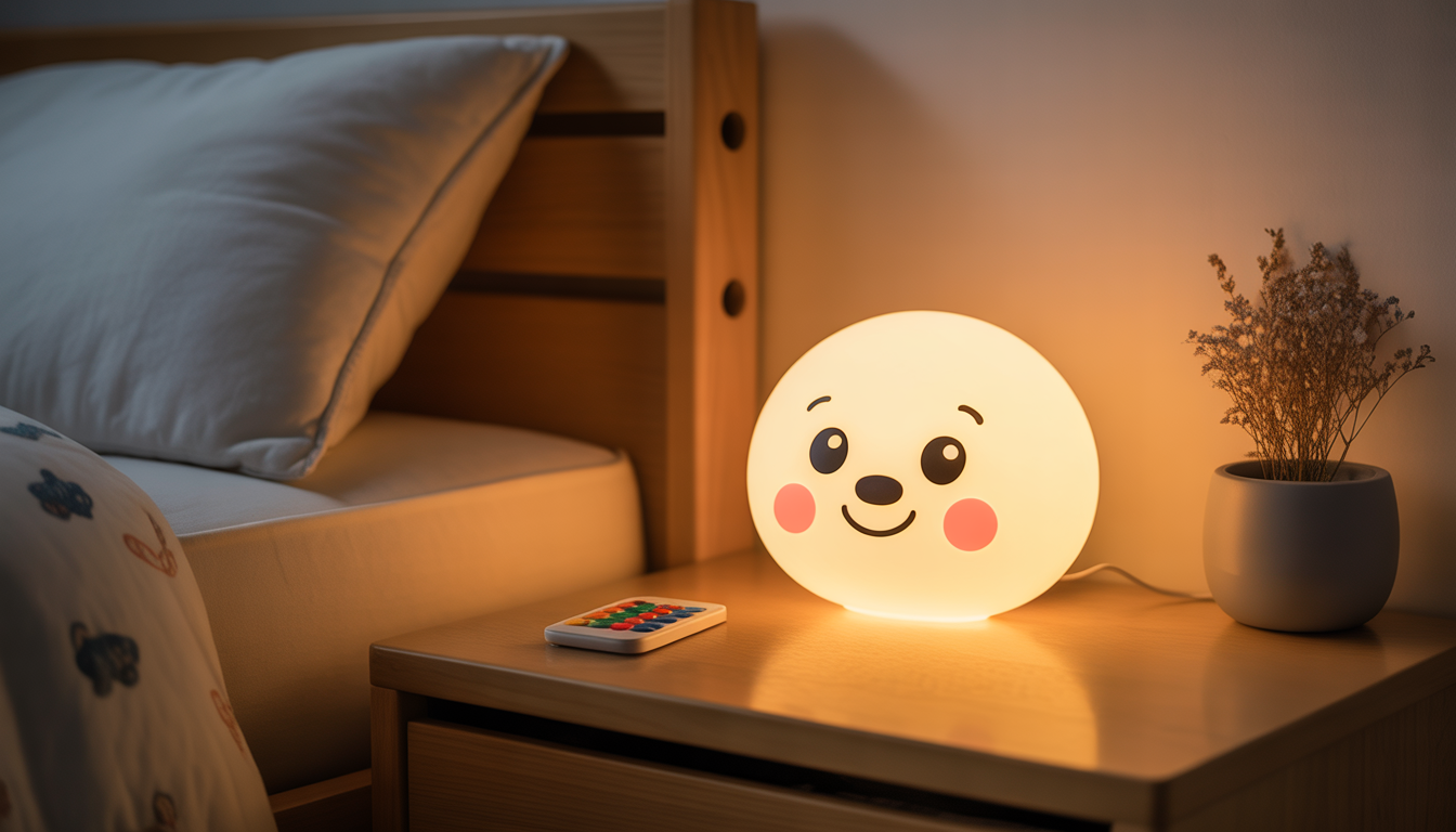 LED night light for kids with remote in cozy bedroom setting