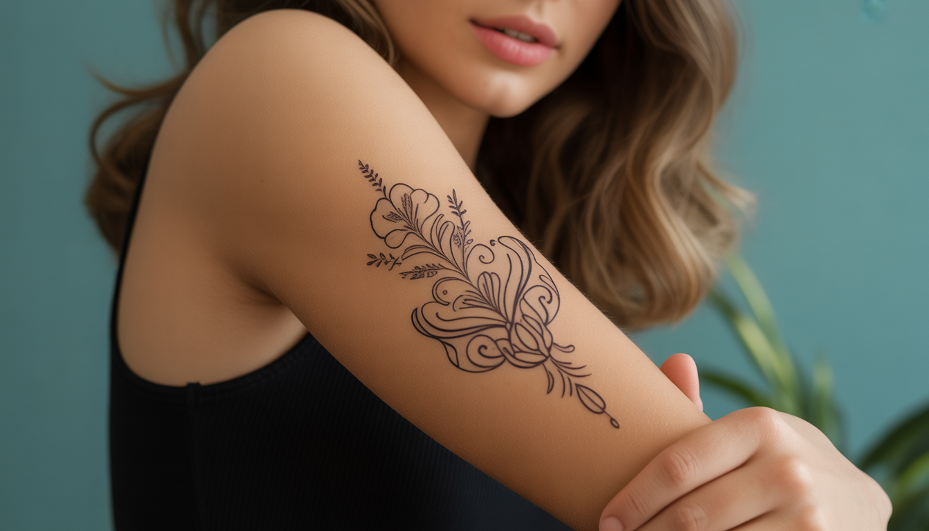 Close-up of young woman's forearm with temporary tattoo under bright indoor lighting