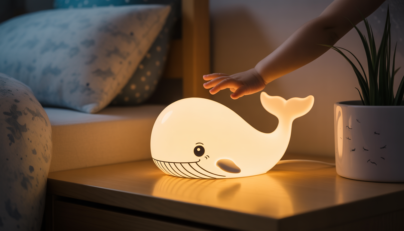 Photorealistic whale-shaped night light touched by child’s hand in warm bedroom