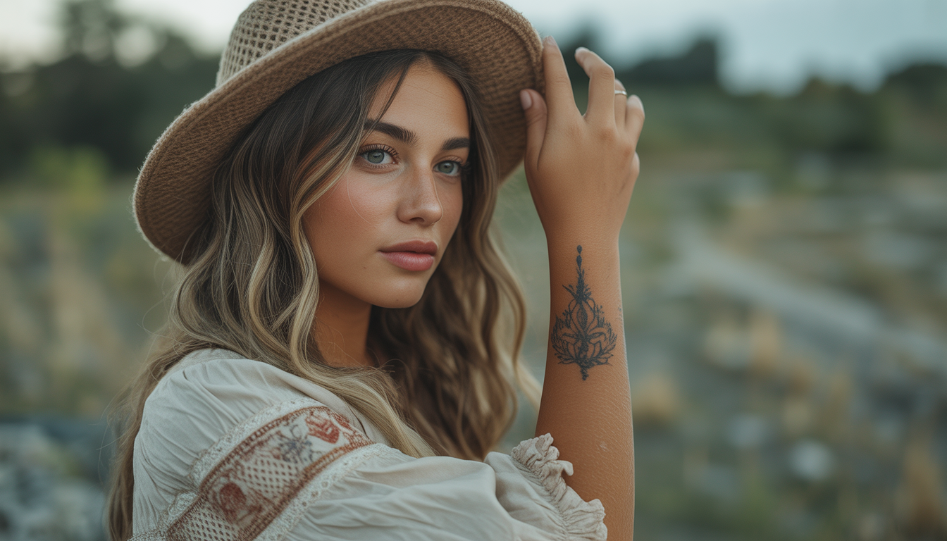 Young woman with temporary tattoo on forearm in soft natural light