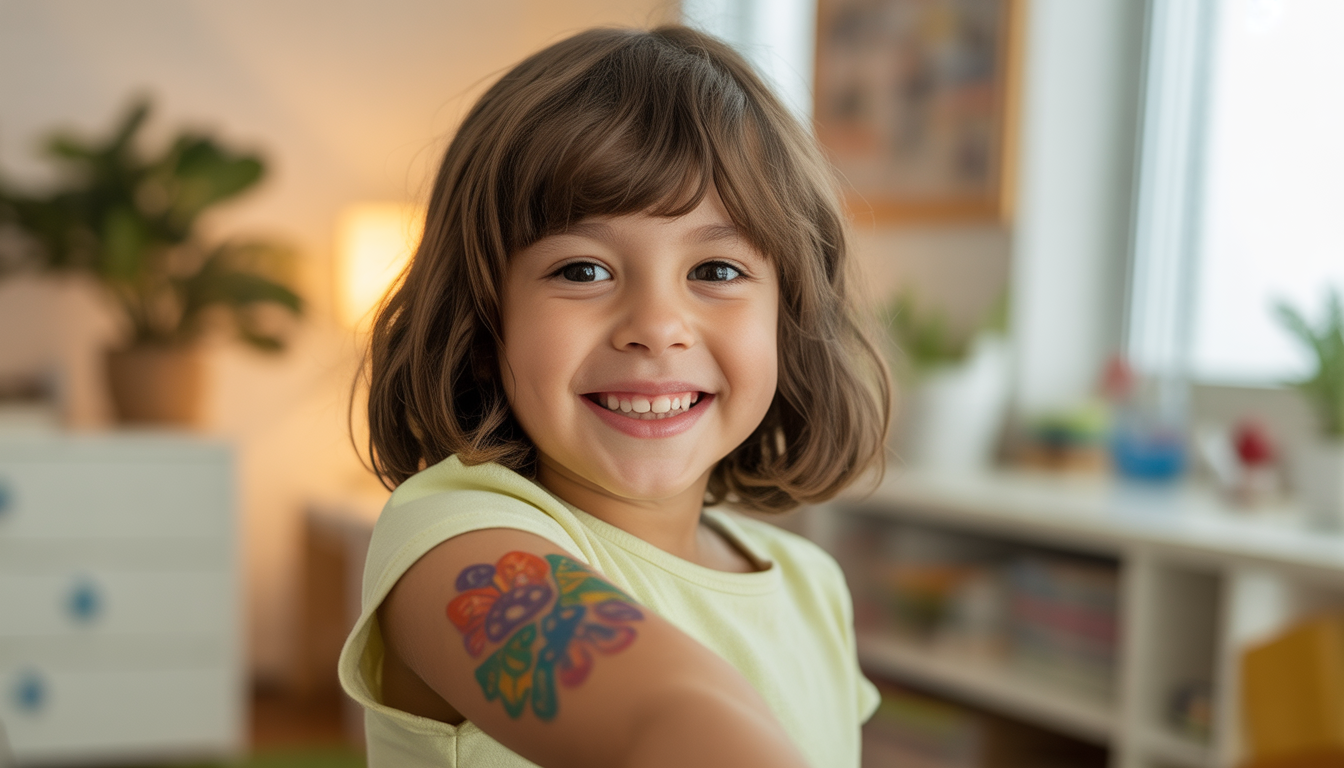Smiling child showing a colorful temporary tattoo on arm in a softly lit indoor setting