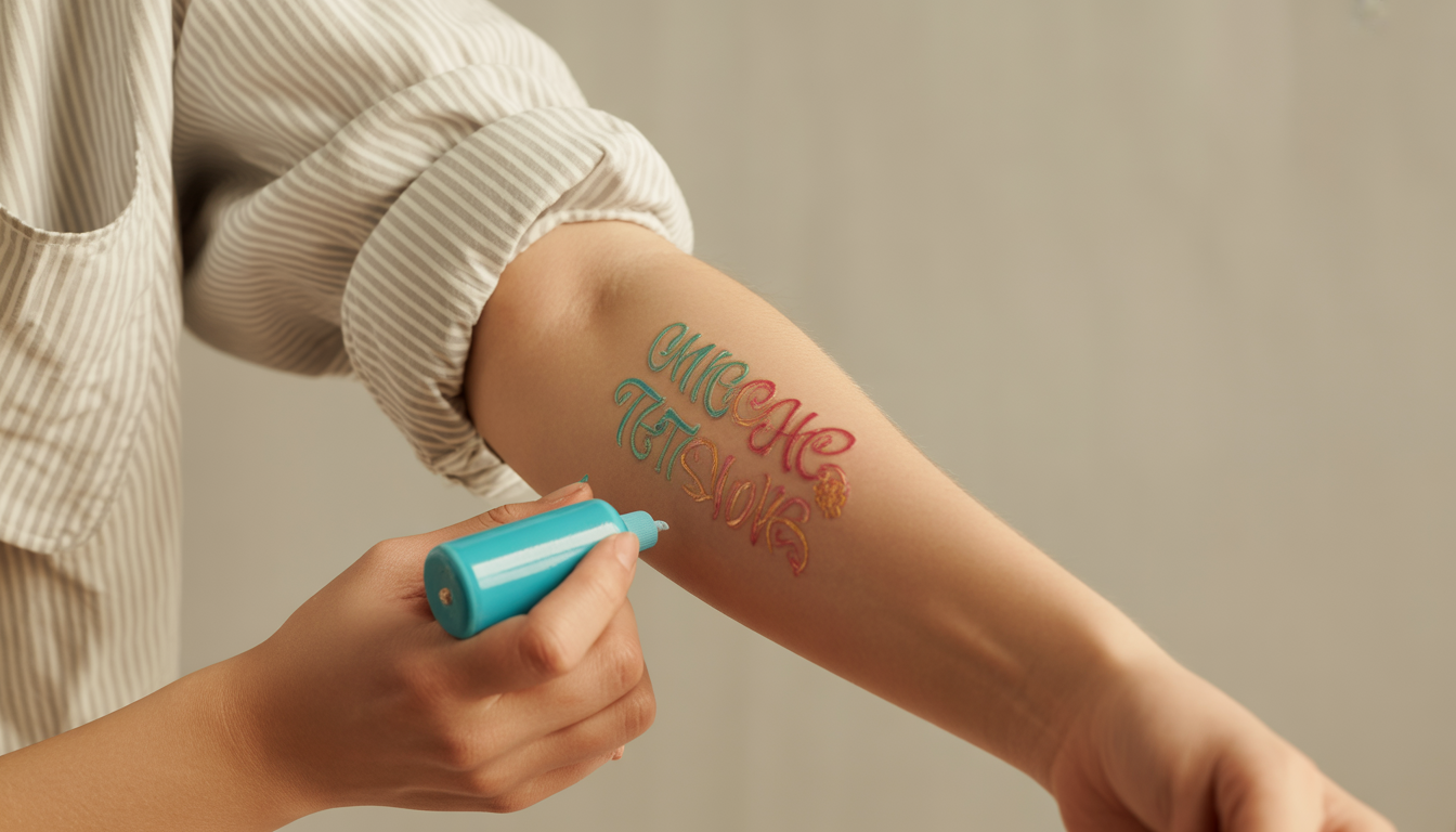 Person applying a colorful temporary tattoo on their forearm with soft, natural lighting and clean background