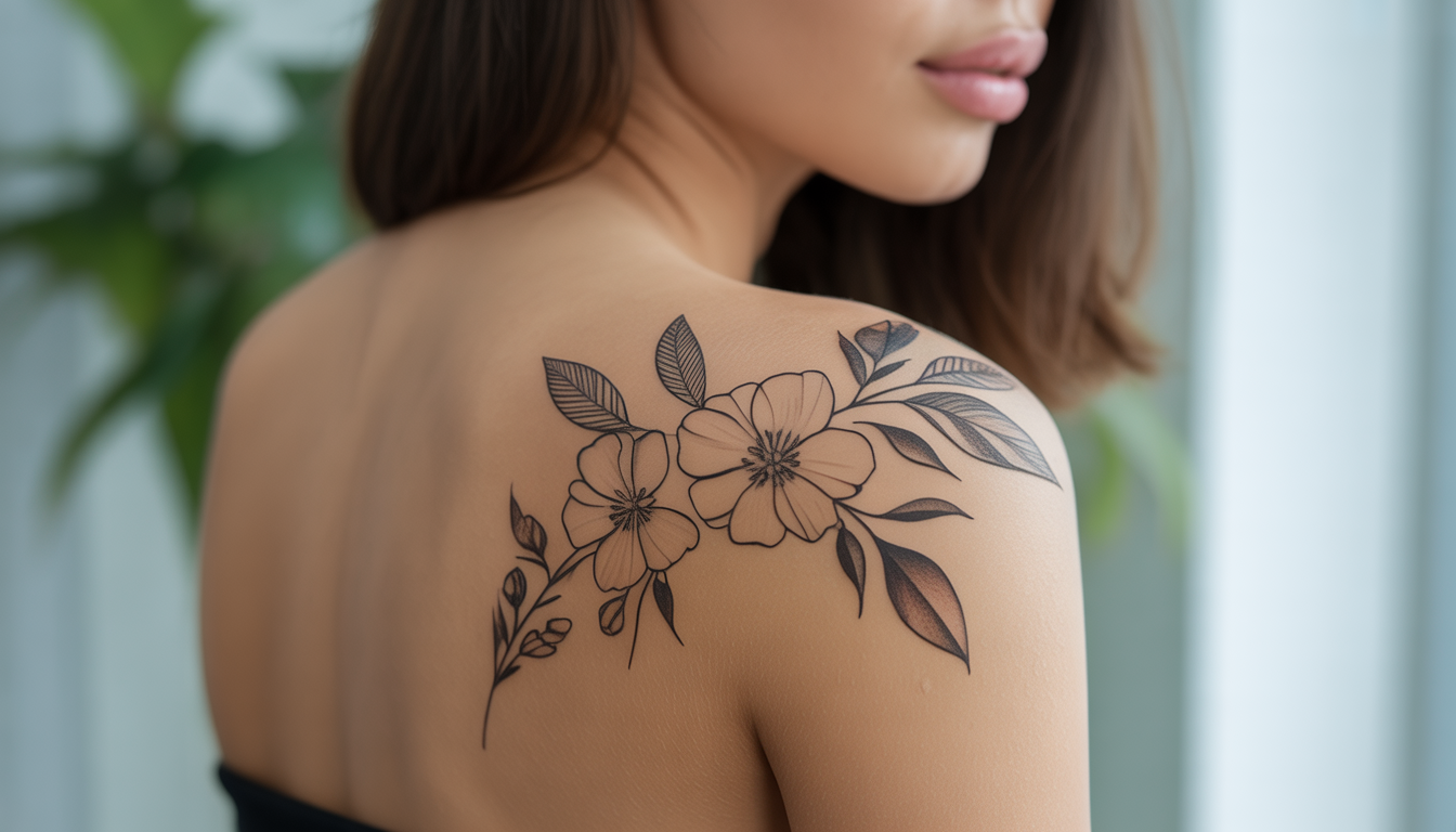 Temporary floral tattoo on young woman's shoulder in soft light