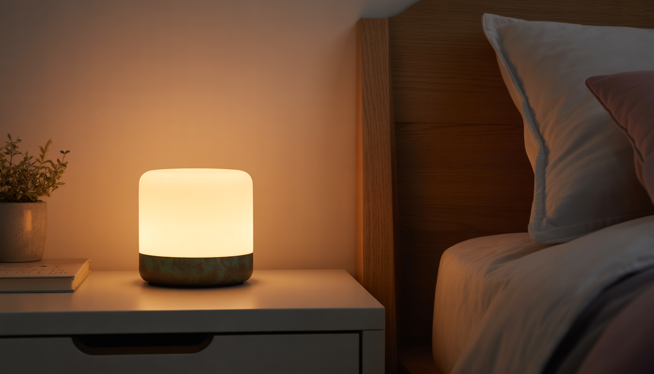 Veilleuse en verre dépoli et métal sur table de chevet