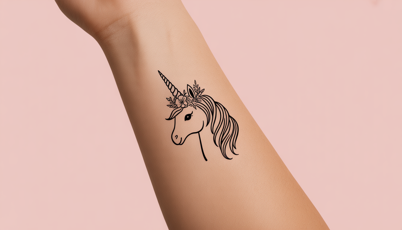 Temporary unicorn tattoo with floral crown on young woman's forearm