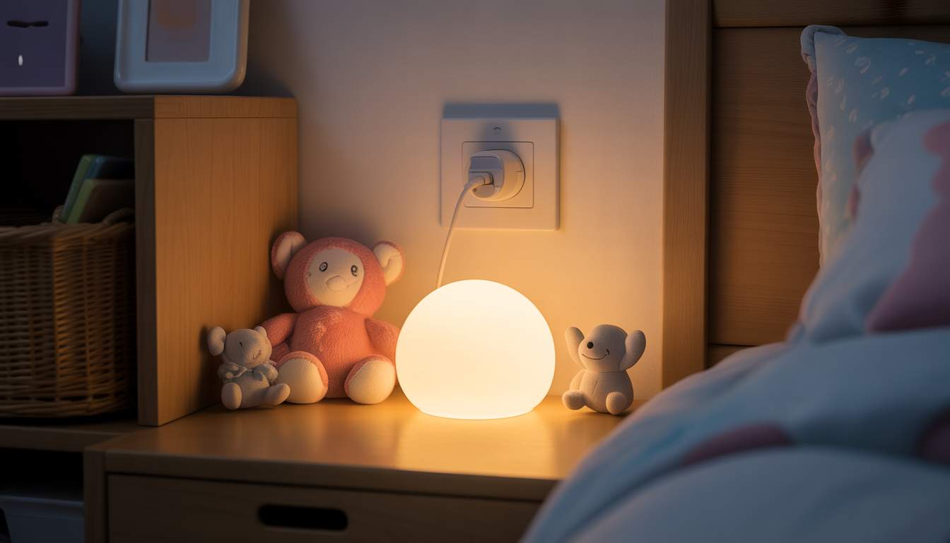 Photorealistic LED night light glowing softly in a child's cozy bedroom with plush toys and pastel decor