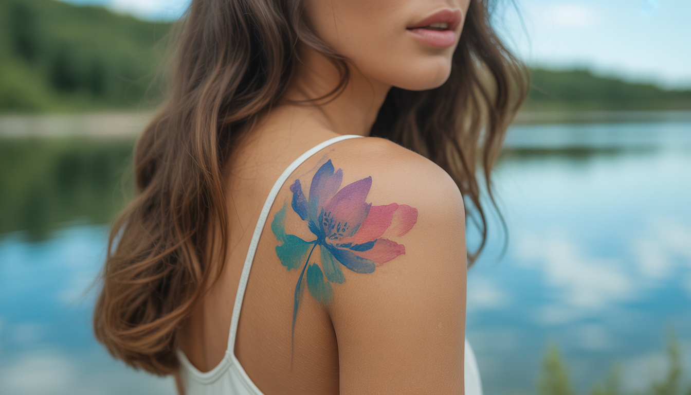 Avant-bras féminin avec tatouage temporaire style aquarelle, lumière naturelle