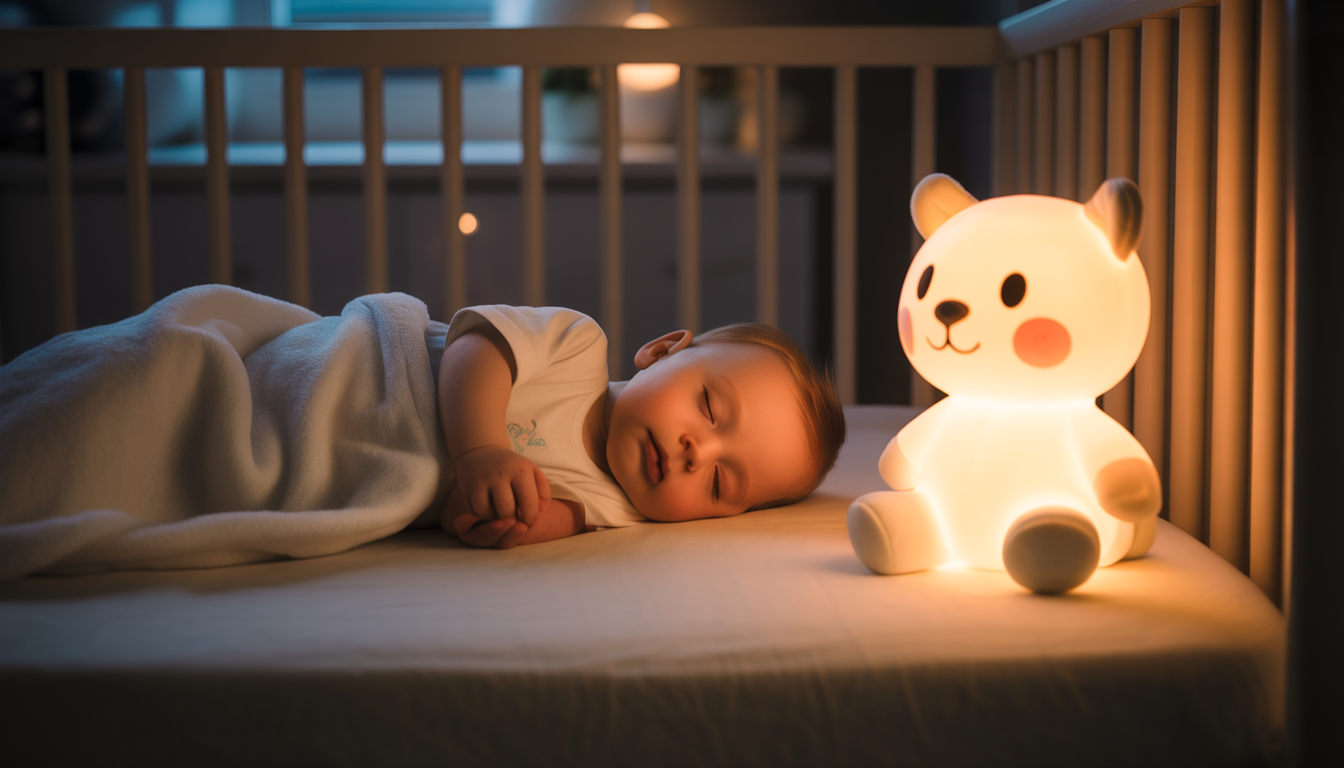 Photorealistic image of a sleeping baby in a cozy nursery with warm nightlight