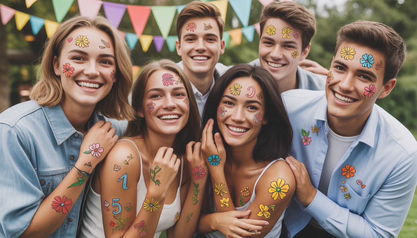 Jeunes adultes souriants lors d'une fête d'anniversaire en extérieur, avec des tatouages temporaires colorés