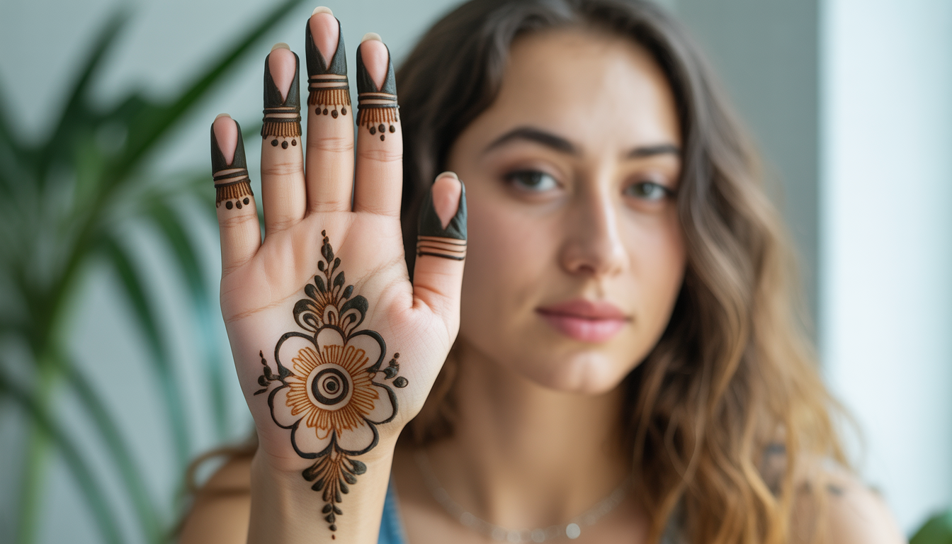 Tatouage au henné brun-orange sur la main d'une jeune femme