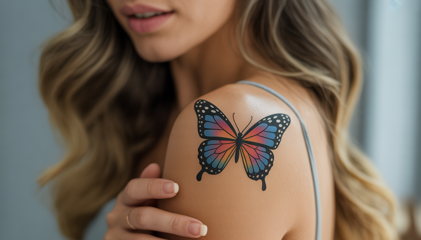 Tatouage temporaire de papillon sur l'épaule d'une femme